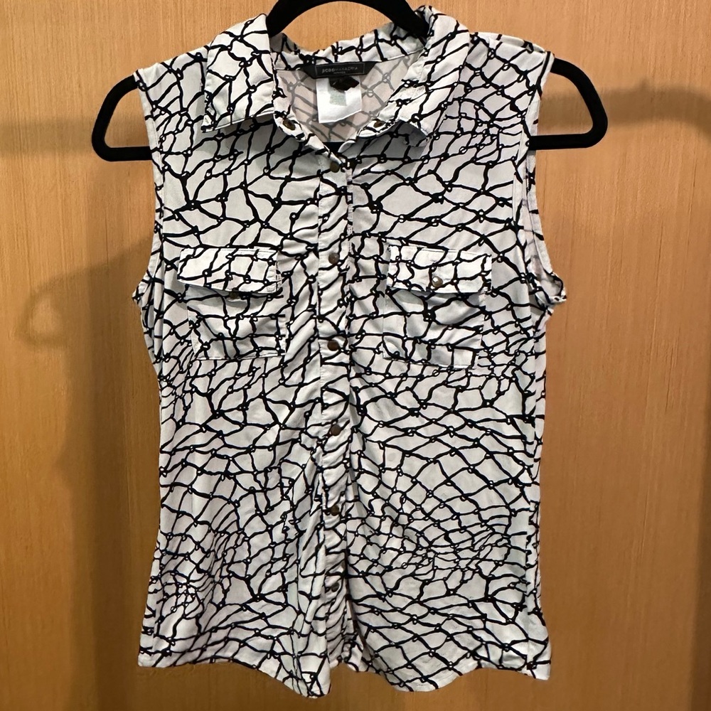 BCBGMaxAzria Black and White Sleeveless Collared Blouse | Size PM